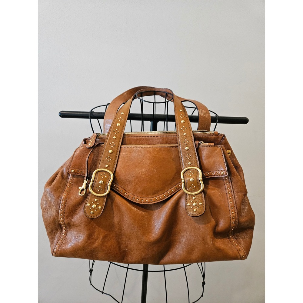 Michael Kors Brown Leather Studded Shoulder Bag Satchel Gold Large - Picture 4 of 12